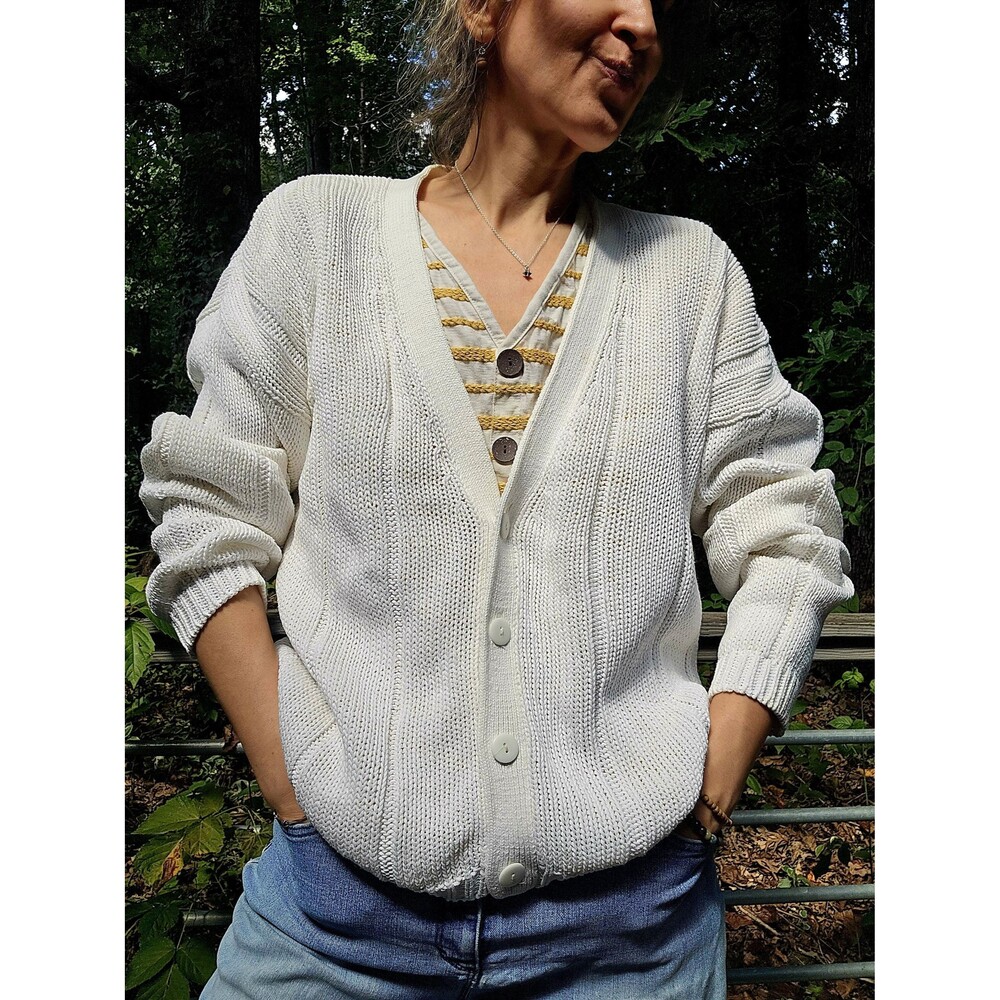 Vintage White Cotton 80s Chunky Knit Cardigan Sweater M L